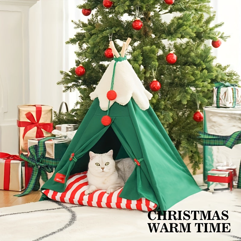 Christmas Tent House For Dogs, Portable Stable Dog Nest Tent With Removable Soft Cushion Mat